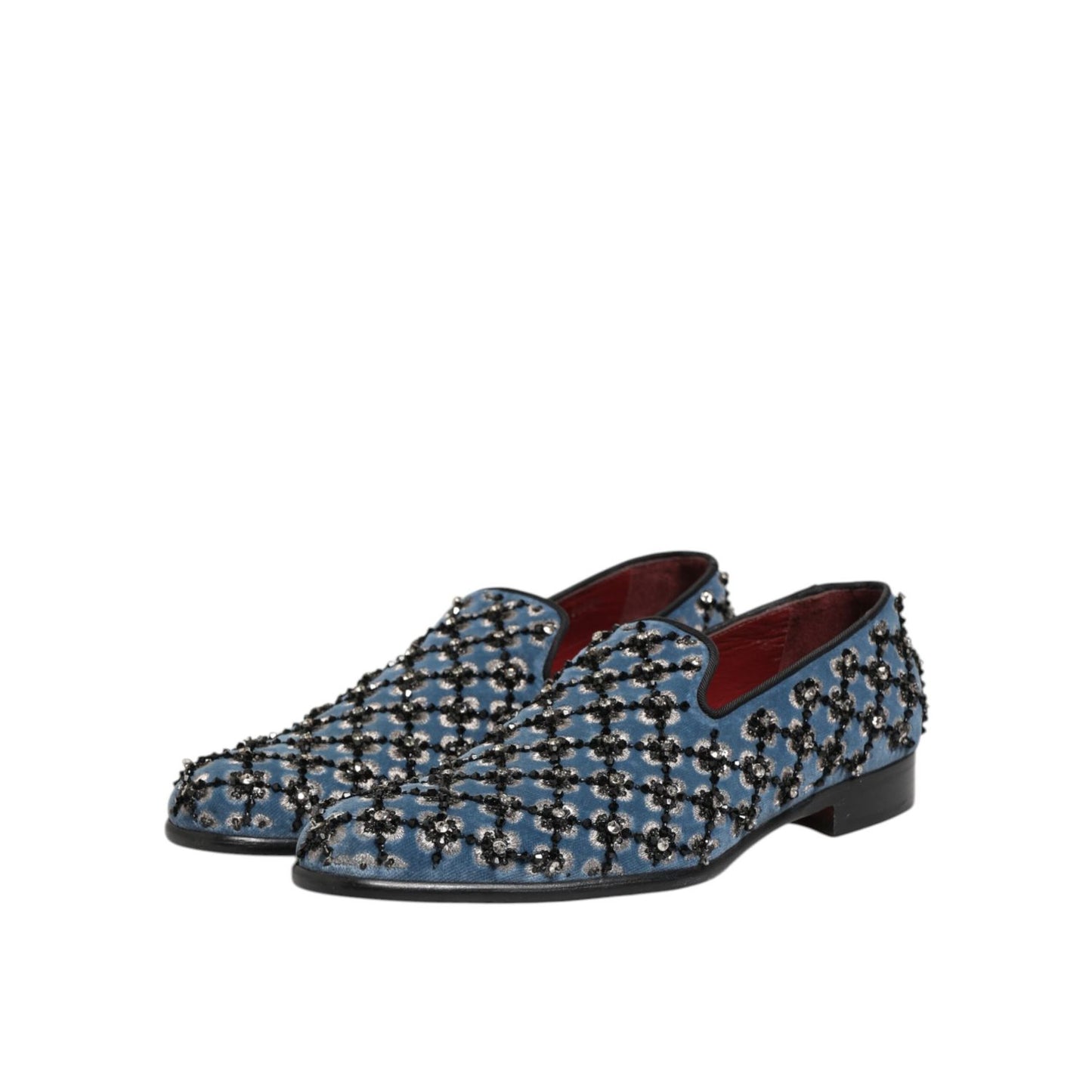 Dolce & Gabbana Blue Velvet Crystal Detailing Loafer Men Shoes with luxury crystal embellishments on rich blue velvet.