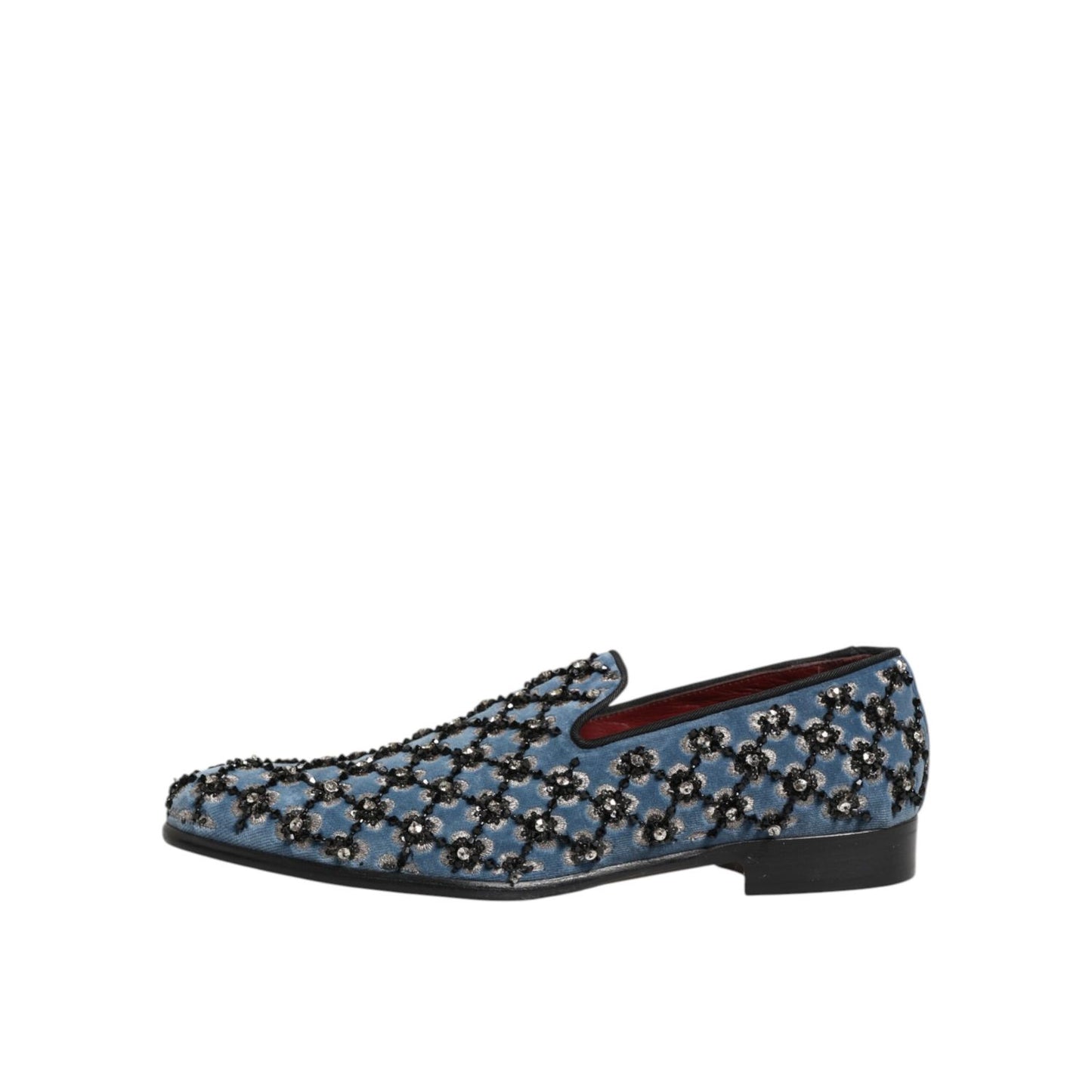 Dolce & Gabbana Blue Velvet Crystal Detailing Loafer Men Shoes with intricate luxury embellishments.