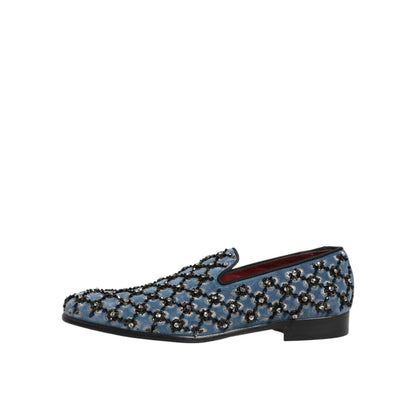Dolce & Gabbana Blue Velvet Crystal Detailing Loafer Men Shoes with intricate luxury embellishments.