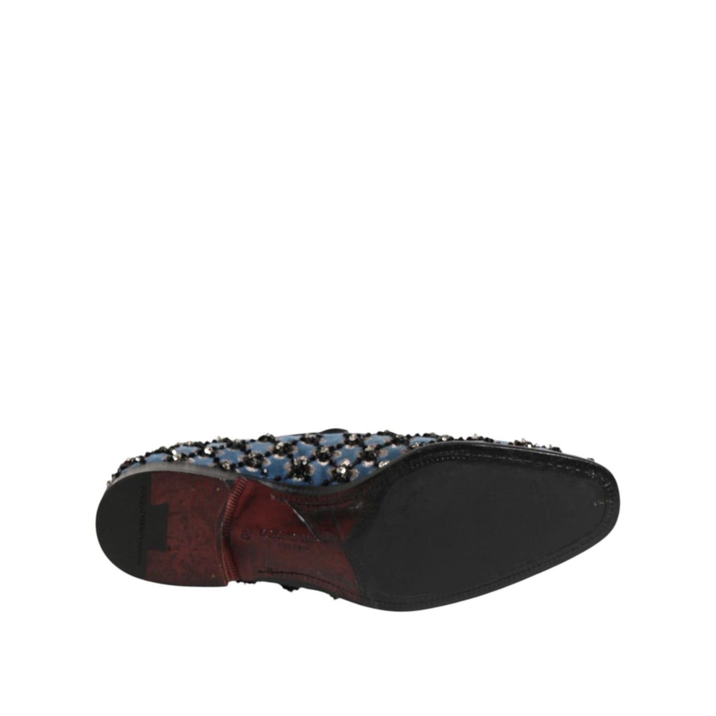 Dolce & Gabbana Blue Velvet Crystal Detailing Loafer Men Shoes showing sole and sparkle embellishments