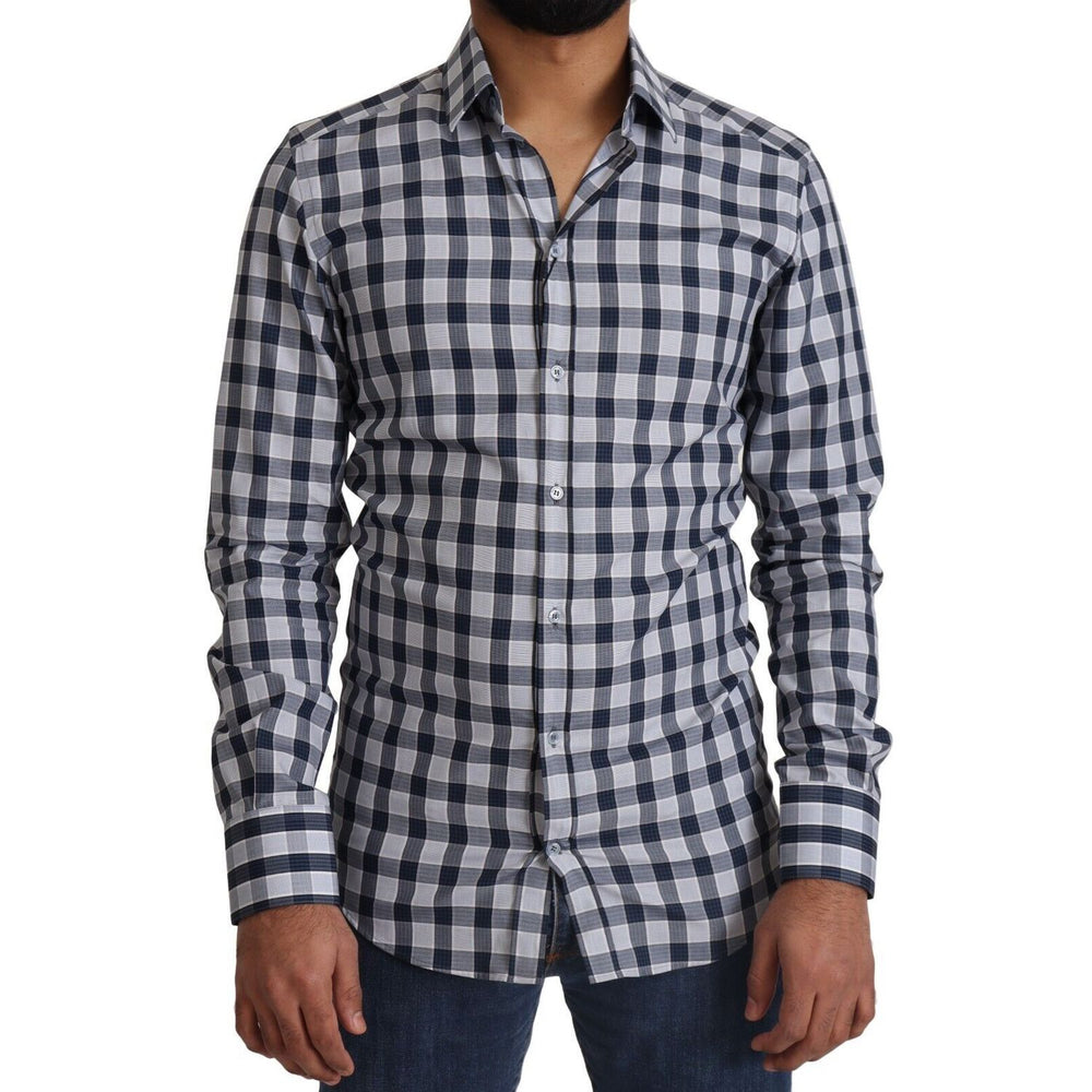 Dolce & Gabbana blue white check slim fit cotton shirt with logo details, front button closure, made in Italy.