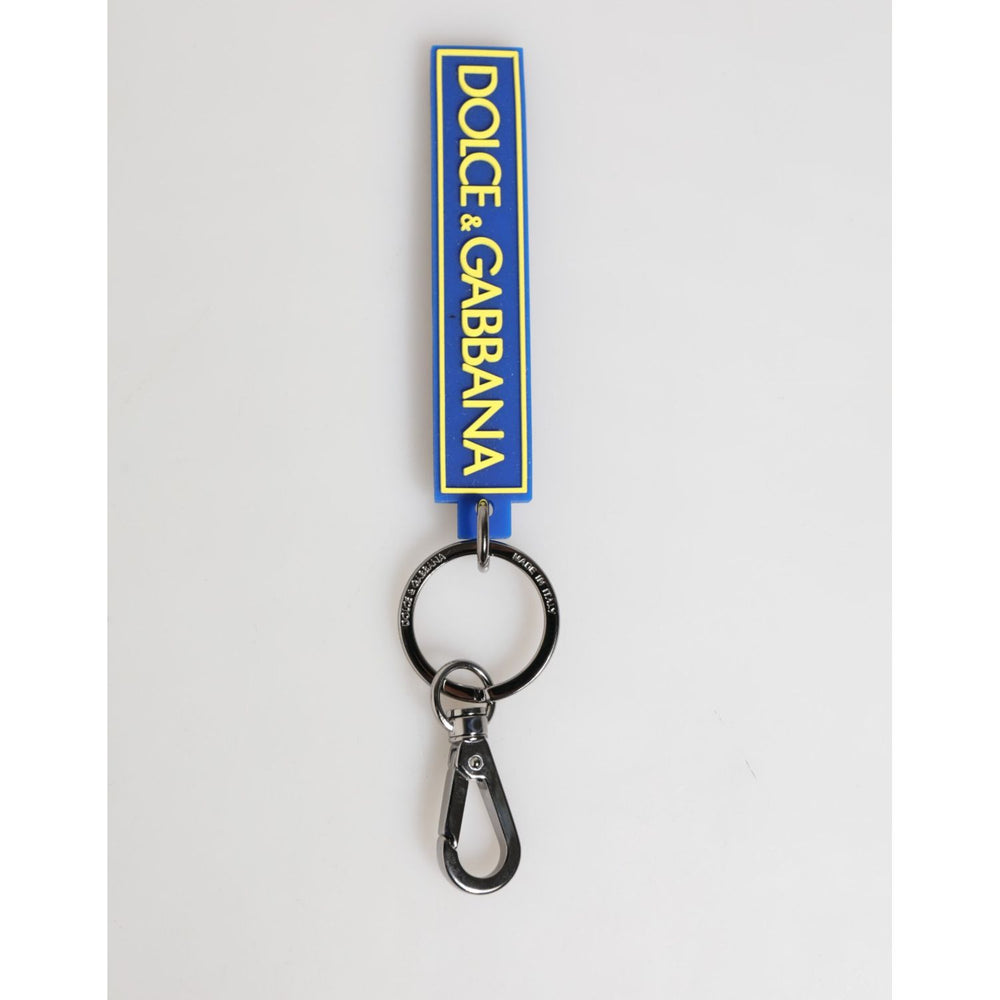 Dolce & Gabbana Blue Yellow DG Rubber Logo Silver Men's Keychain Keyring with silver brass and engraved metal hardware.