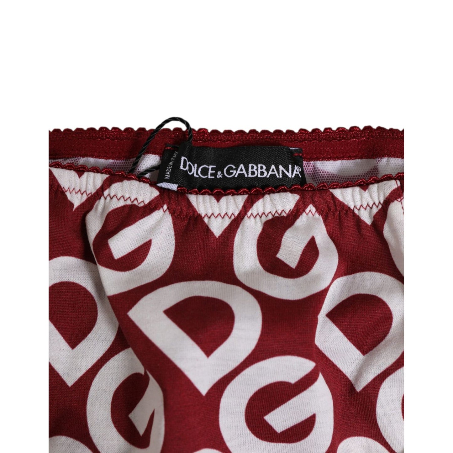 Dolce & Gabbana Bordeaux DG Logo Slip Bottom Brief Underwear showing elastic waistband and all-over print in burgundy.