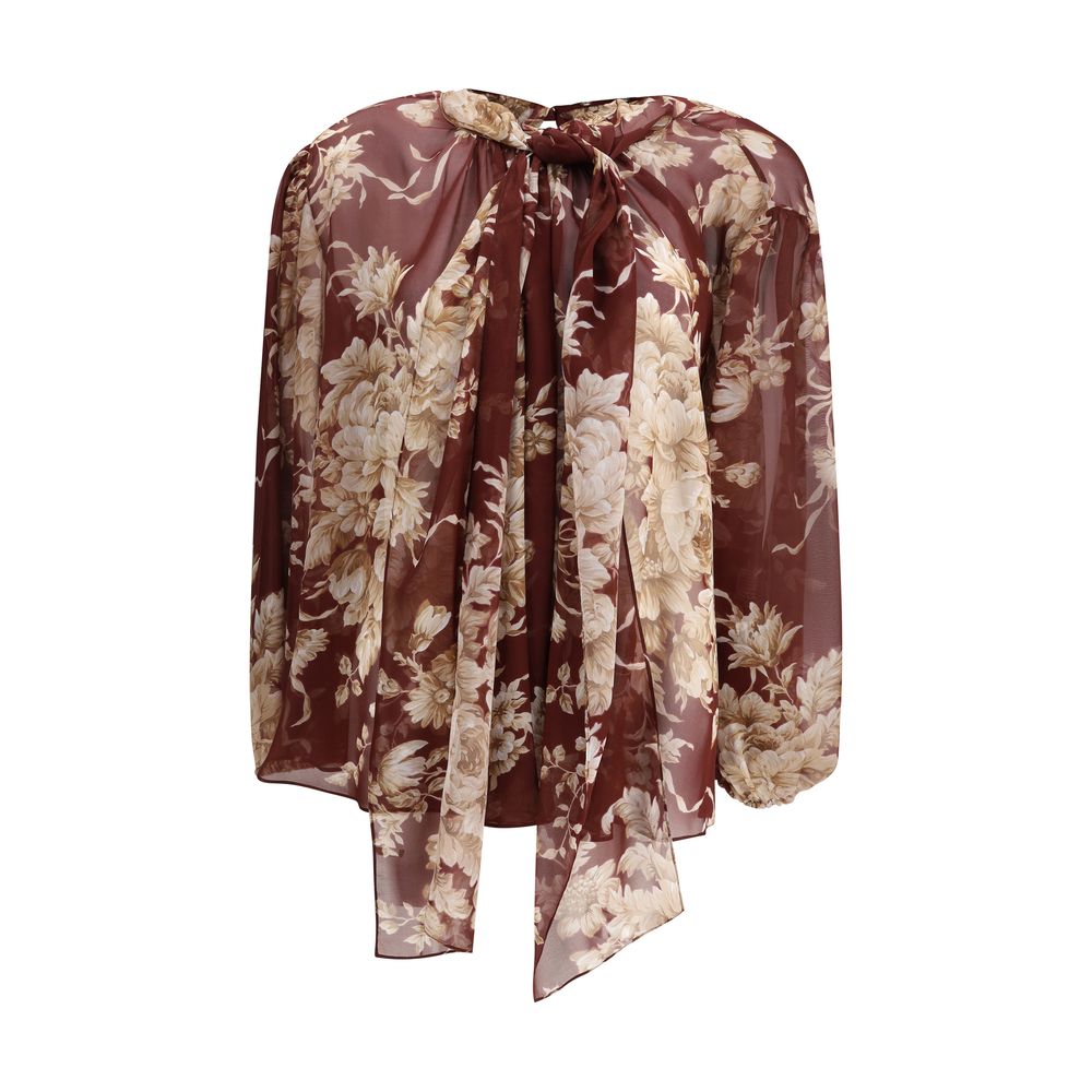 Dolce & Gabbana Bordeaux Silk Pattern Shirt with floral design and neck scarf, feminine and refined, AW25 collection