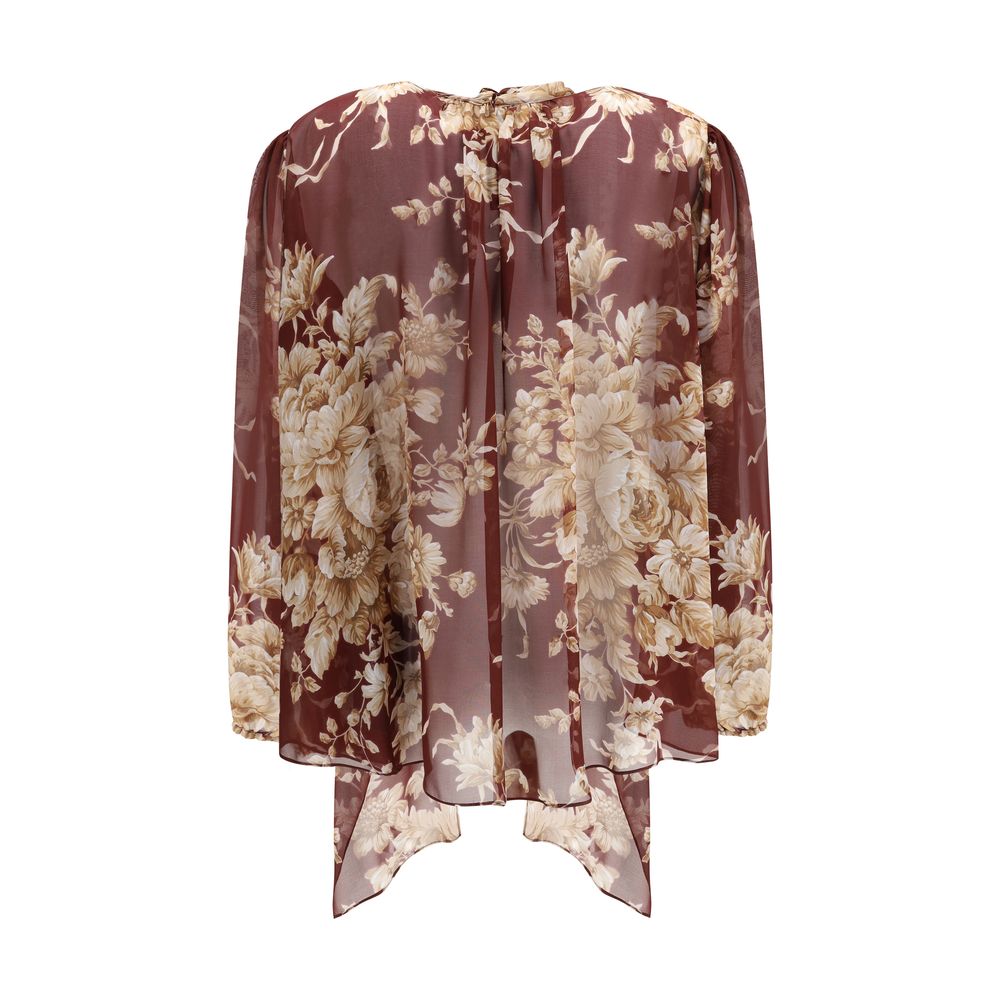 Dolce & Gabbana Bordeaux Silk Pattern Shirt with floral chiffon and scarf neck detail, back view.