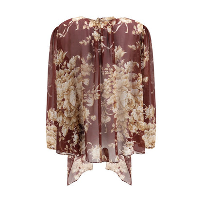 Dolce & Gabbana Bordeaux Silk Pattern Shirt with floral chiffon and scarf neck detail, back view.