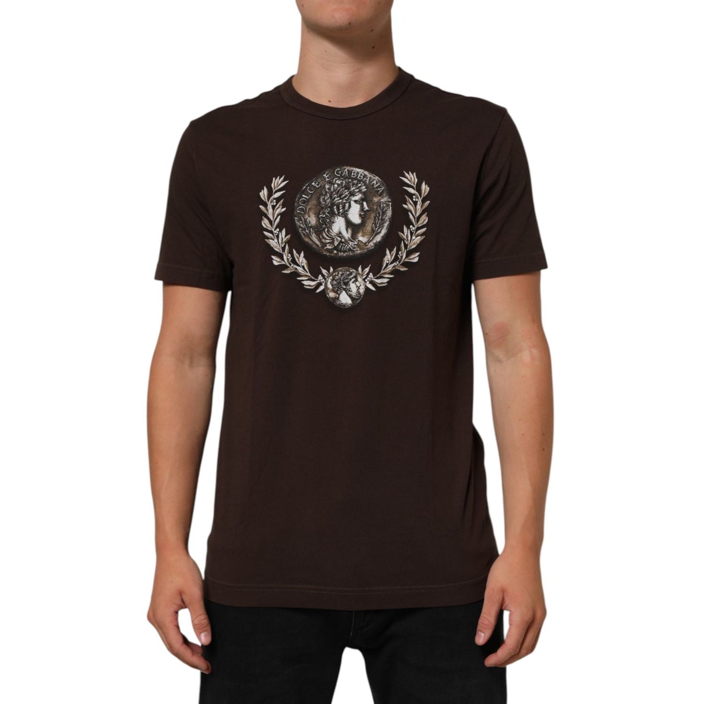 Dolce & Gabbana Brown Coin Laurel Print Men Crew Neck T-shirt on model, showcasing the intricate design and comfortable fit.