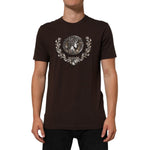 Dolce & Gabbana Brown Coin Laurel Print Men Crew Neck T-shirt on model, showcasing the intricate design and comfortable fit.