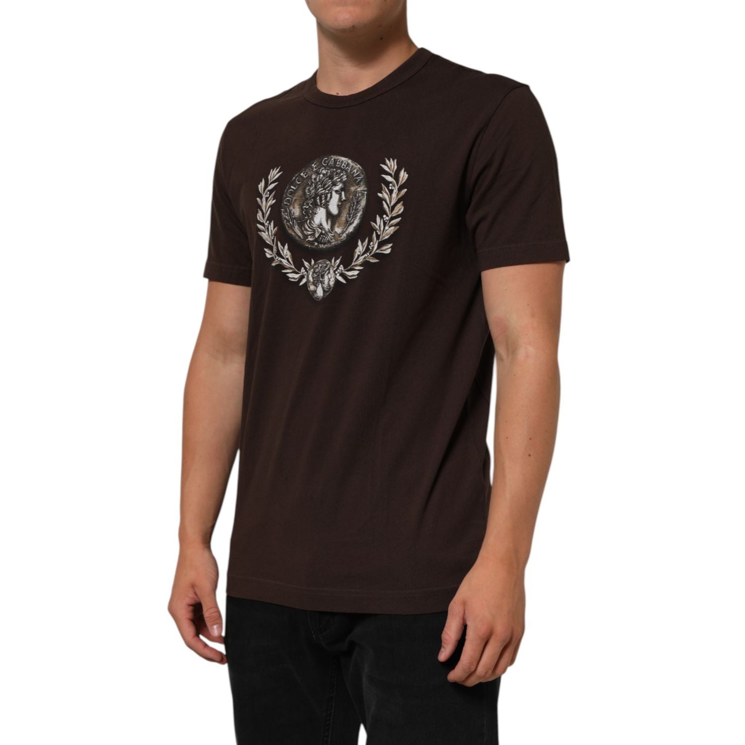 Dolce & Gabbana Brown Coin Laurel Print Men Crew Neck T-shirt