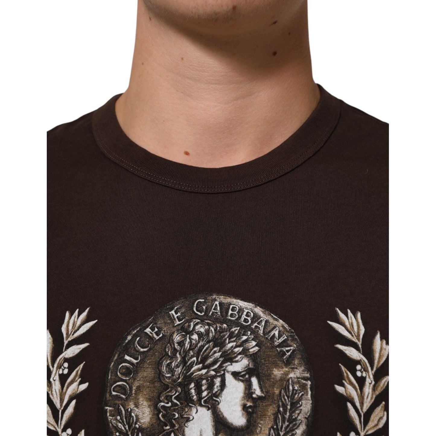 Dolce & Gabbana Brown Coin Laurel Print Men Crew Neck T-shirt with intricate design, made from 100% cotton for a regal look.