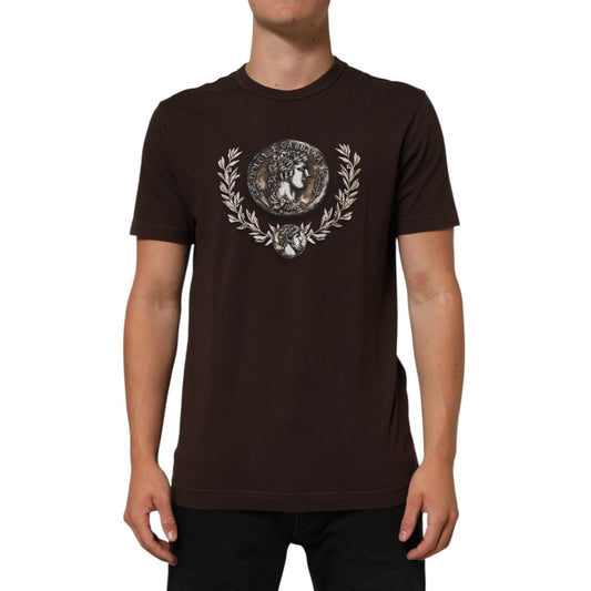 Dolce & Gabbana Brown Coin Laurel Print Men Crew Neck T-shirt on model, showcasing the intricate design and comfortable fit.