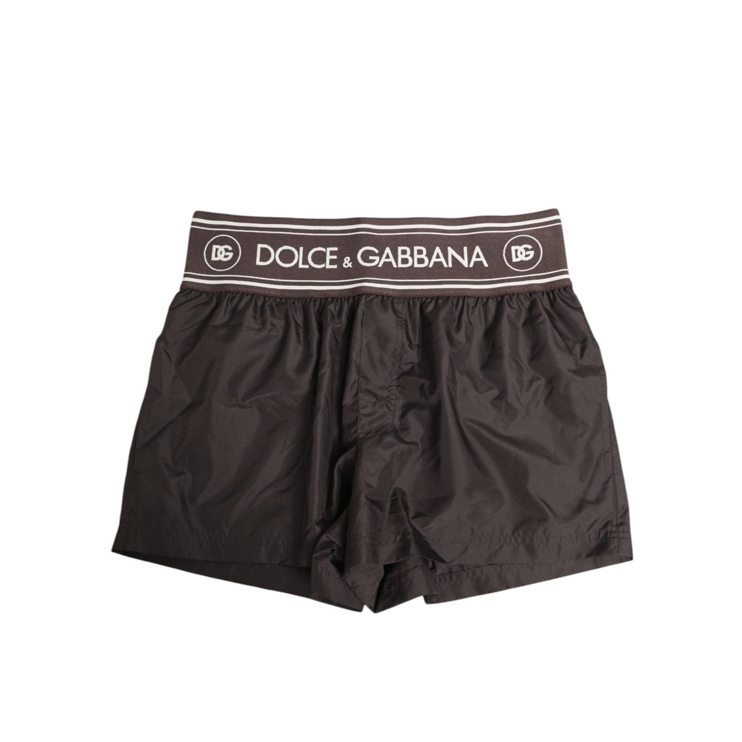 Dolce & Gabbana Brown Polyester Logo Elastic Waistband Swimwear, stylish swim shorts with logo waistband, 100% polyester.