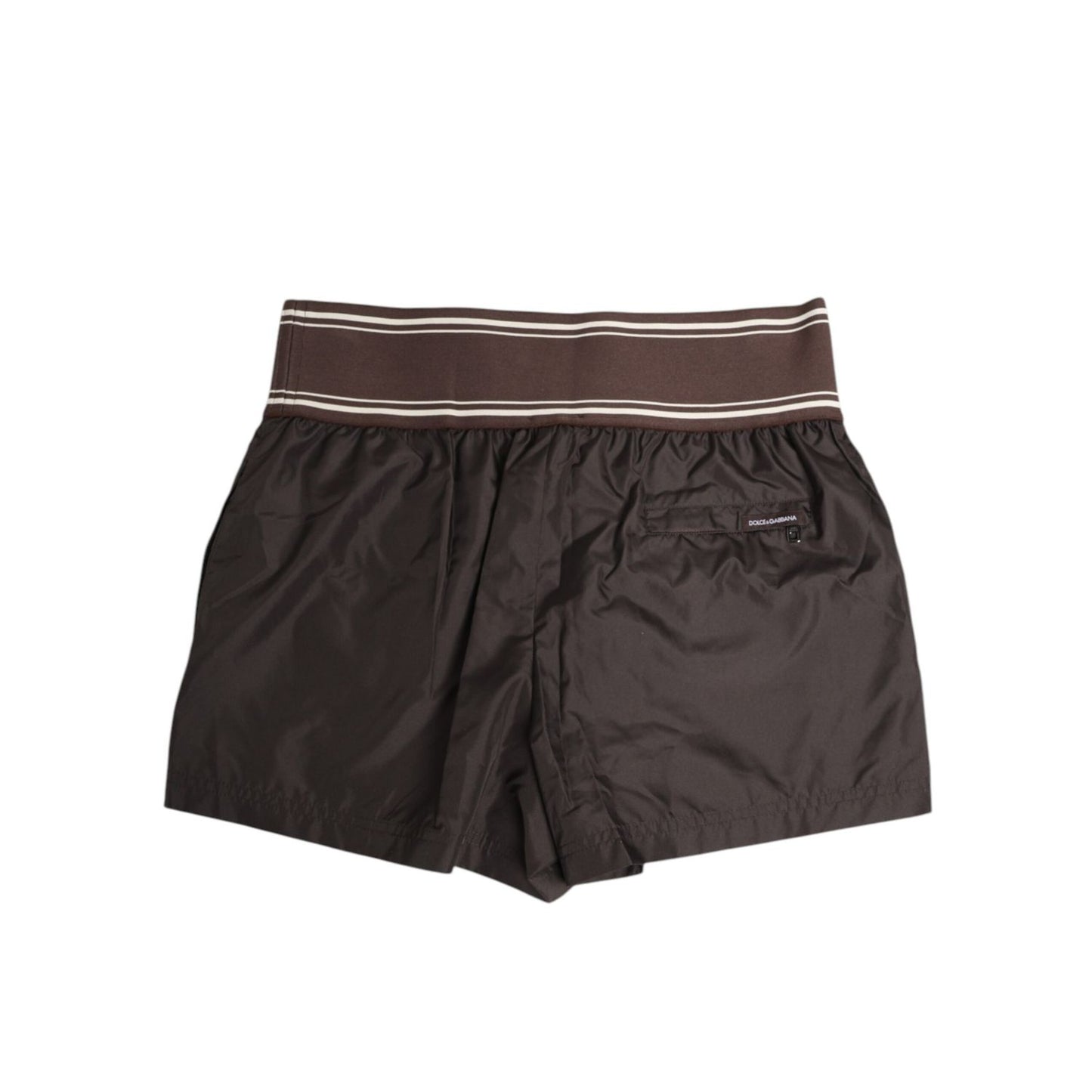 Dolce & Gabbana Brown Polyester Logo Elastic Waistband Swimwear, stylish brown swim shorts with logo waistband, luxury beachwear.