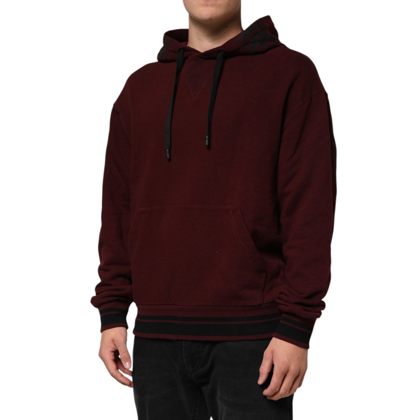 Dolce & Gabbana Burgundy Cotton Plaid Lined Men Hoodie Sweater