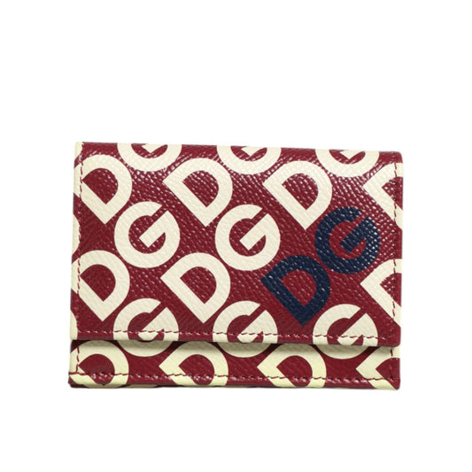 Dolce & Gabbana Burgundy Logo Print Calf Leather French Flap Card Holder Wallet with DG Mania logo on cream leather