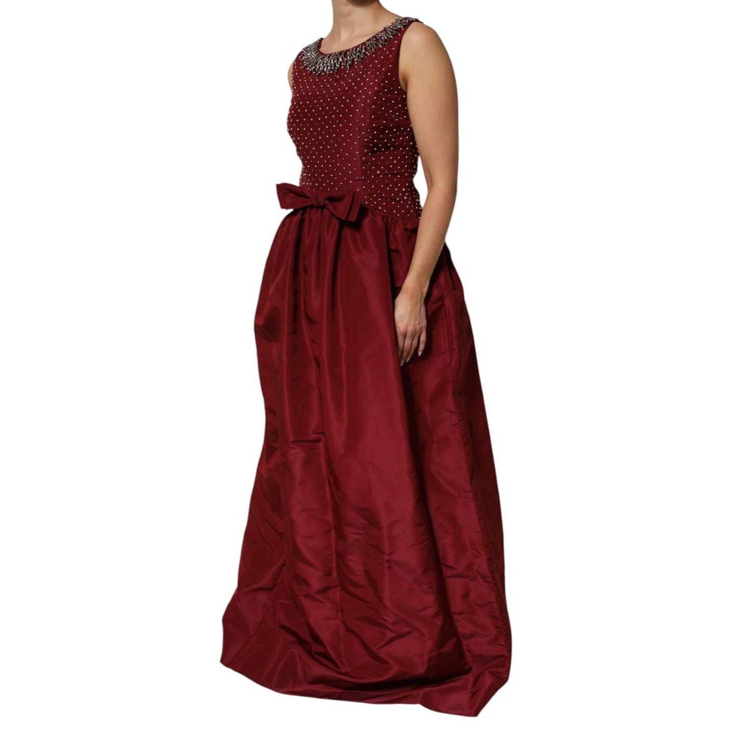 Dolce & Gabbana Burgundy Silk Beaded Evening Gown Dress with intricate embellishments and silk bow detail, crafted in Italy.