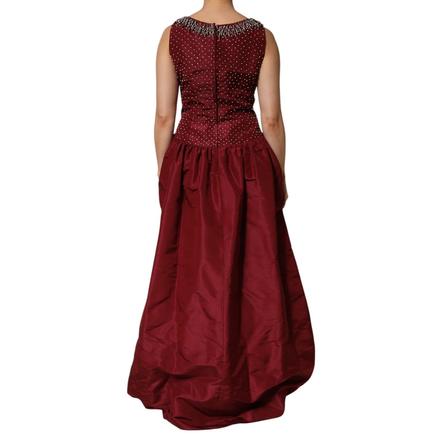 Dolce & Gabbana Burgundy Silk Beaded Evening Gown Dress with intricate beading and fitted waist, back view.