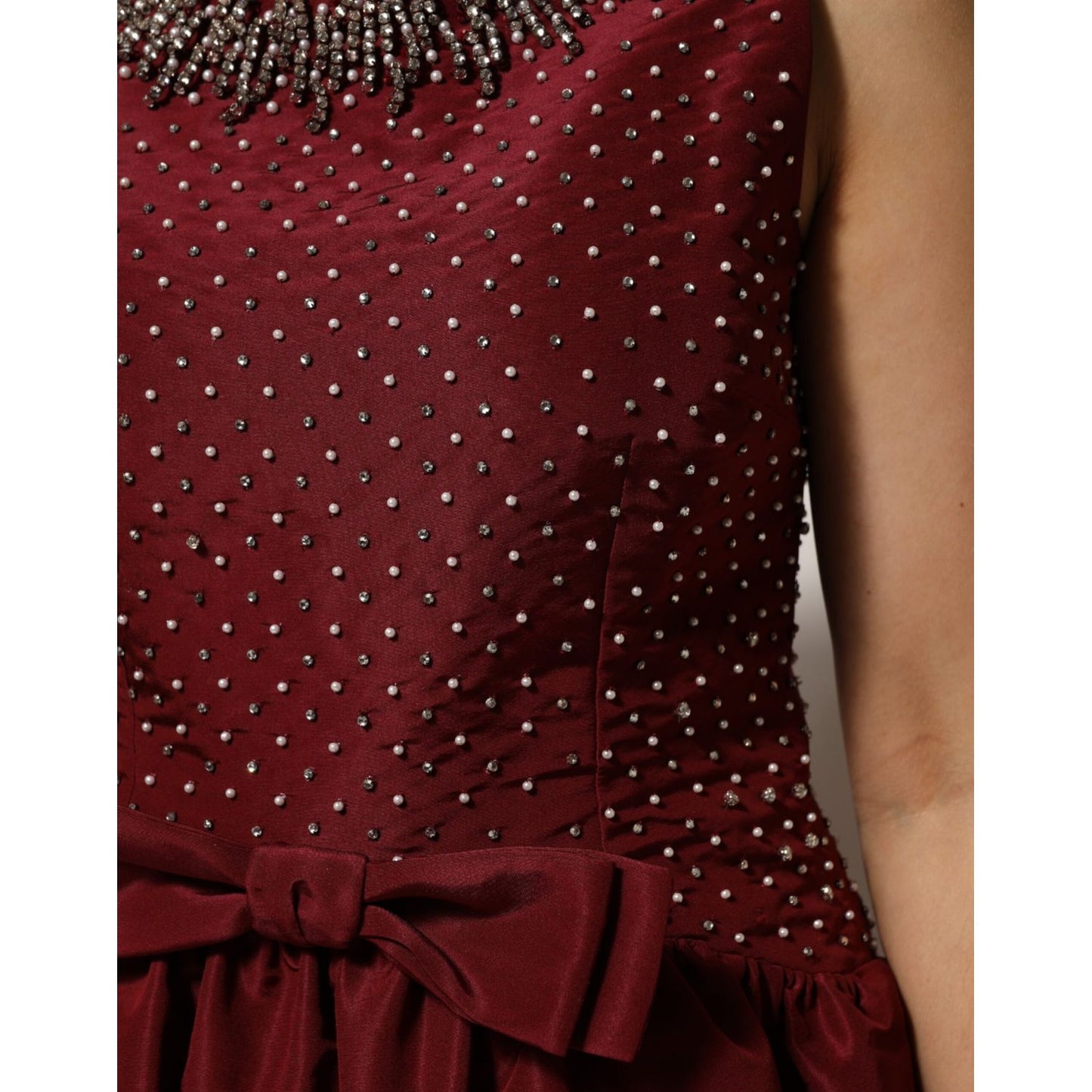 Dolce & Gabbana Burgundy Silk Beaded Evening Gown Dress with intricate neckline and bow detail