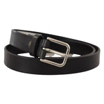 Dolce & Gabbana Calf Leather Silver Tone Black Metal Buckle Belt made in Italy, high-quality black leather with metal buckle.