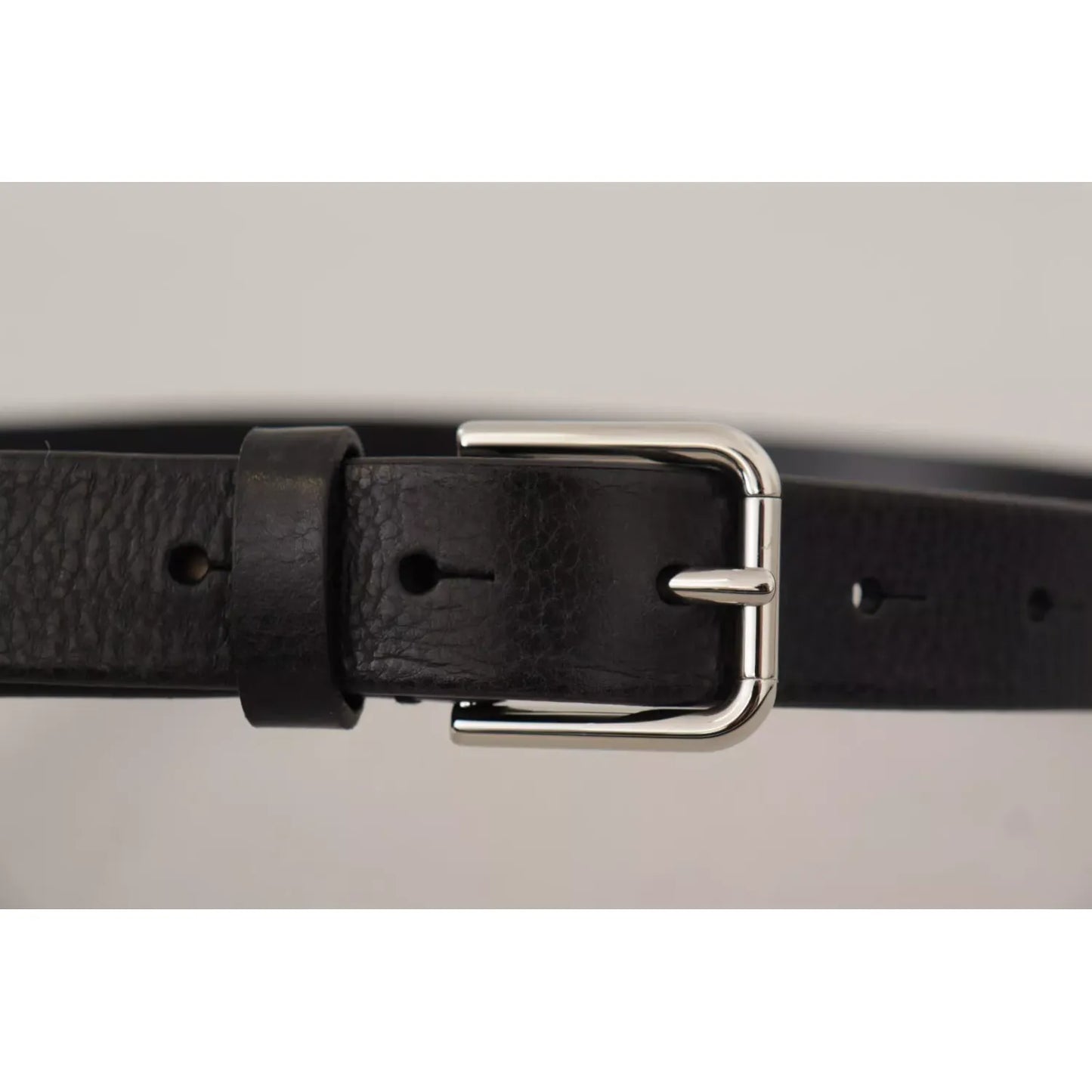 Dolce & Gabbana Calf Leather Silver Tone Black Metal Buckle Belt close-up showcasing high-quality Italian craftsmanship.