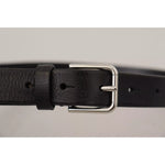 Dolce & Gabbana Calf Leather Silver Tone Black Metal Buckle Belt close-up showcasing high-quality Italian craftsmanship.