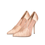 Dolce & Gabbana Cipria Nude Satin Mesh Stiletto Pumps Shoes with pointed toe design and elegant topstitching for formal occasions.