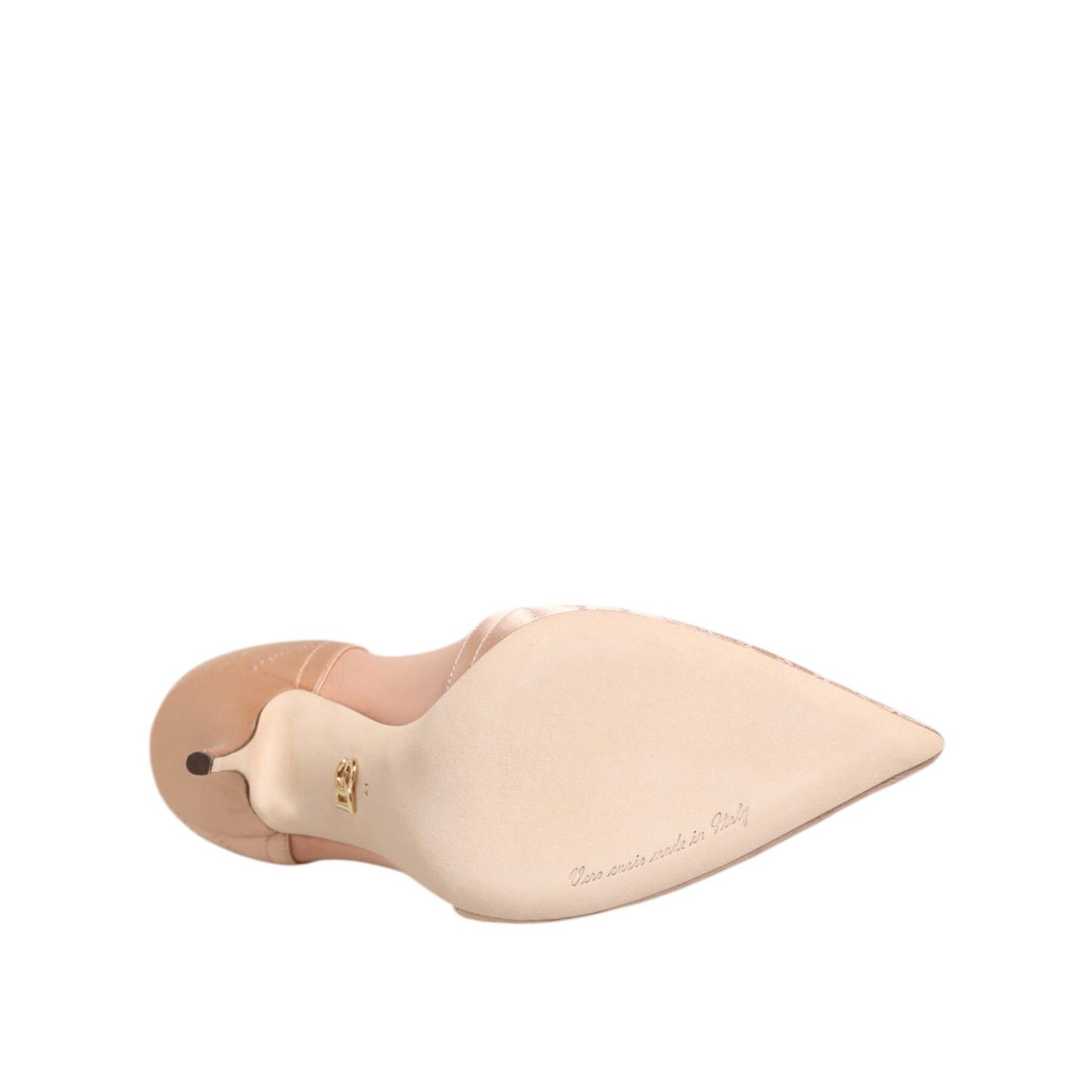 Underside view of Dolce & Gabbana Cipria Nude Satin Mesh Stiletto Pumps Shoes showcasing smooth sole and elegant craftsmanship.
