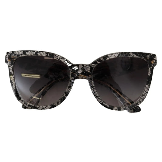 Dolce & Gabbana DG4190 Black Lace Acetate Crystal Round Sunglasses with grey gradient lenses, offering 100% UVA protection.