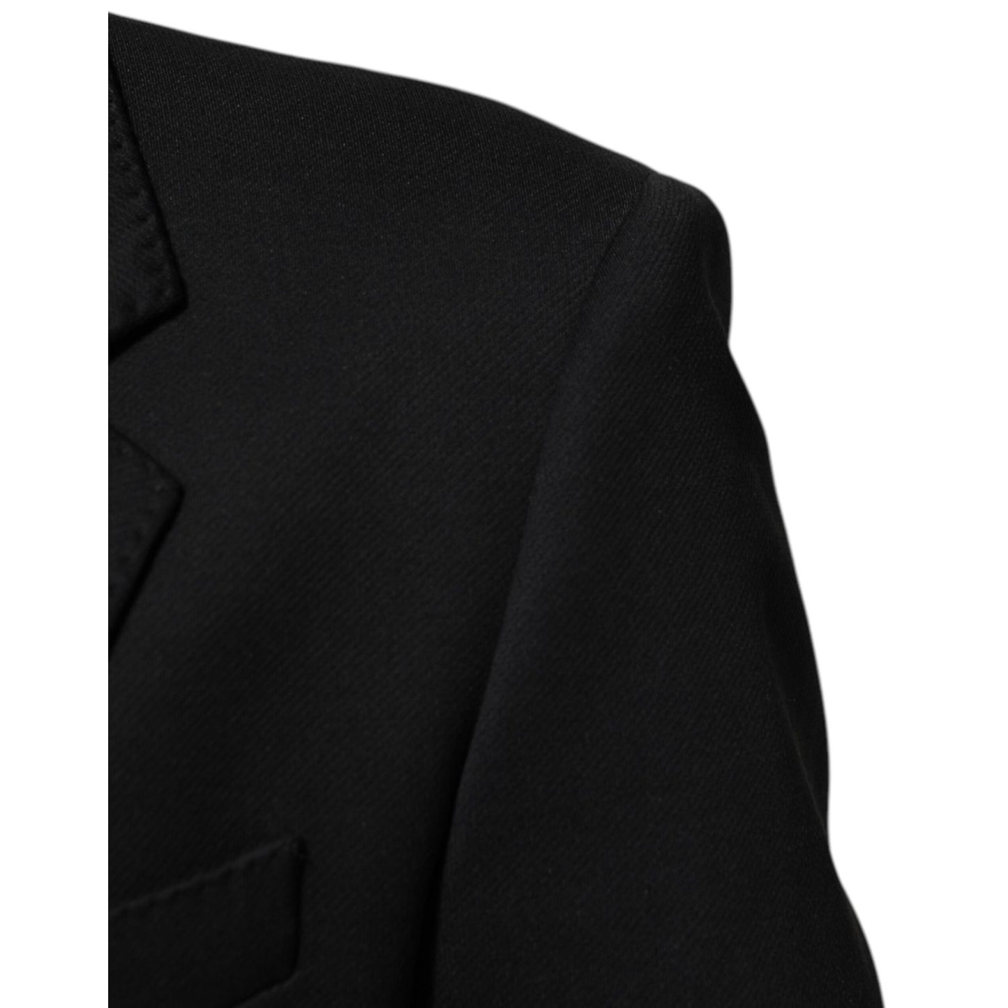 Close-up of Dolce & Gabbana Dark Blue Cotton Men Jacket Coat Blazer Suit highlighting fabric texture and design details.