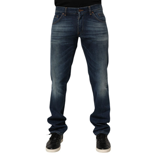 Dolce & Gabbana Dark Blue Washed Cotton Skinny Men Denim Jeans front view showing fit and design.