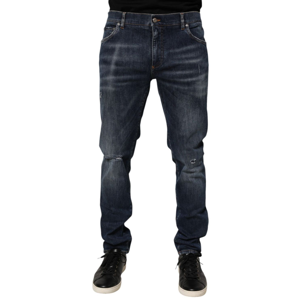 Dolce & Gabbana Dark Blue Washed Running Ripped Denim Jeans with distressed details