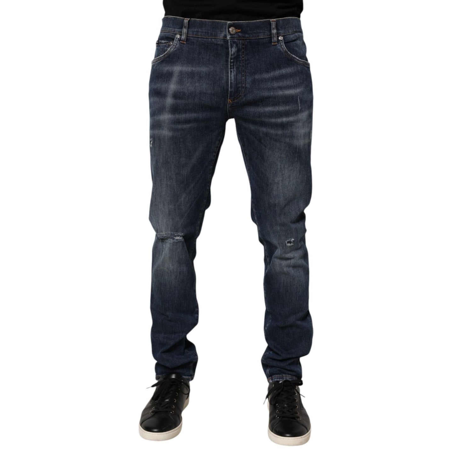 Dolce & Gabbana Dark Blue Washed Running Ripped Denim Jeans with distressed details
