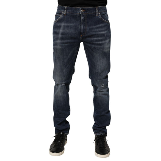 Dolce & Gabbana Dark Blue Washed Running Ripped Denim Jeans featuring distressed details and modern silhouette, perfect for streetwear.