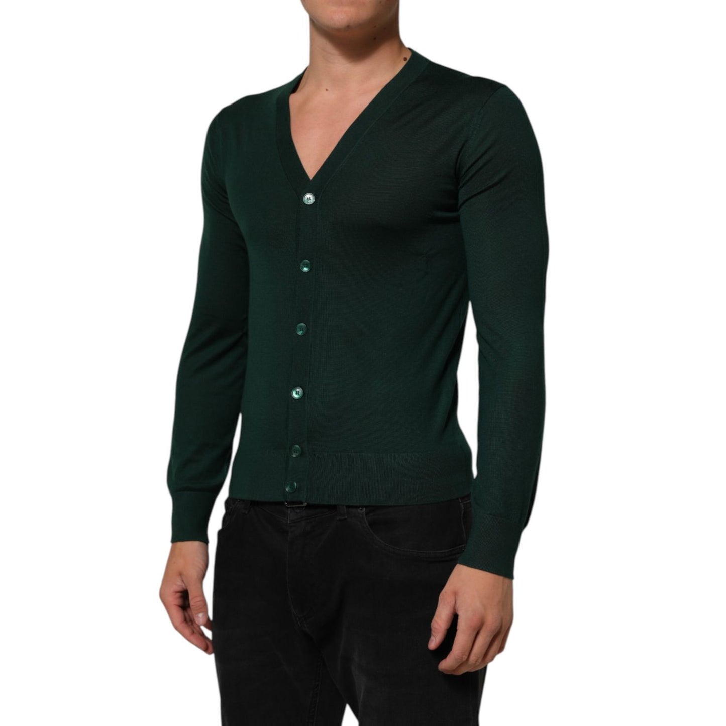 Man wearing Dolce & Gabbana Dark Green Button Down Men Cardigan Sweater, showcasing elegant fit and button-front design.