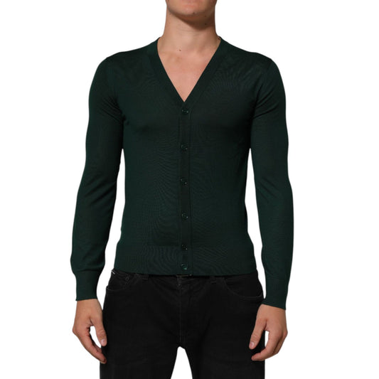 Dolce & Gabbana Dark Green Button Down Men Cardigan Sweater on male model, premium quality, sleek design, perfect for layering.