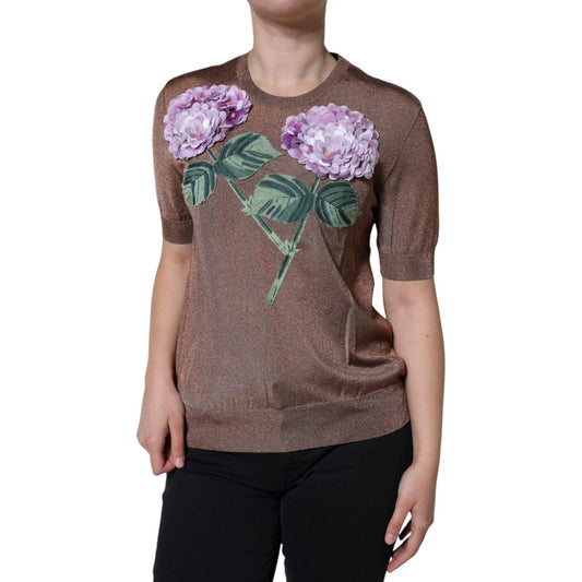 Dolce & Gabbana Brown Floral Applique Viscose Short Sleeve Top TSH86578-42