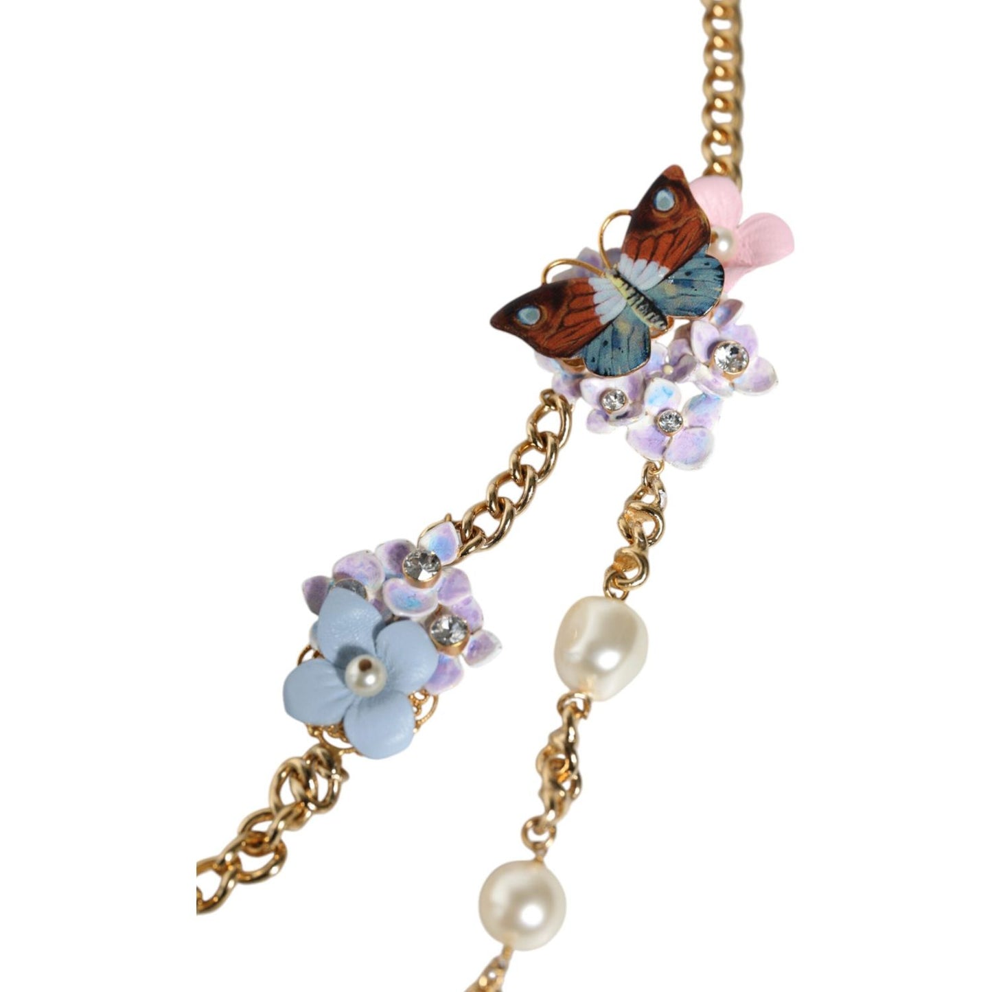 Dolce & Gabbana Gold Chain Brass Floral Layered Crystal Pearl Necklace SMY10355