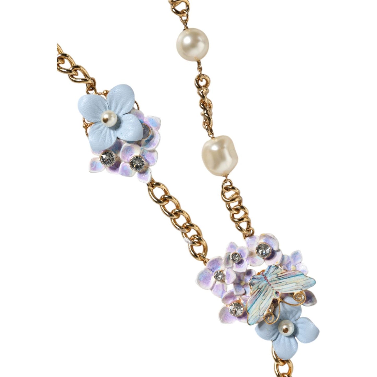 Dolce & Gabbana Gold Chain Brass Floral Layered Crystal Pearl Necklace SMY10355