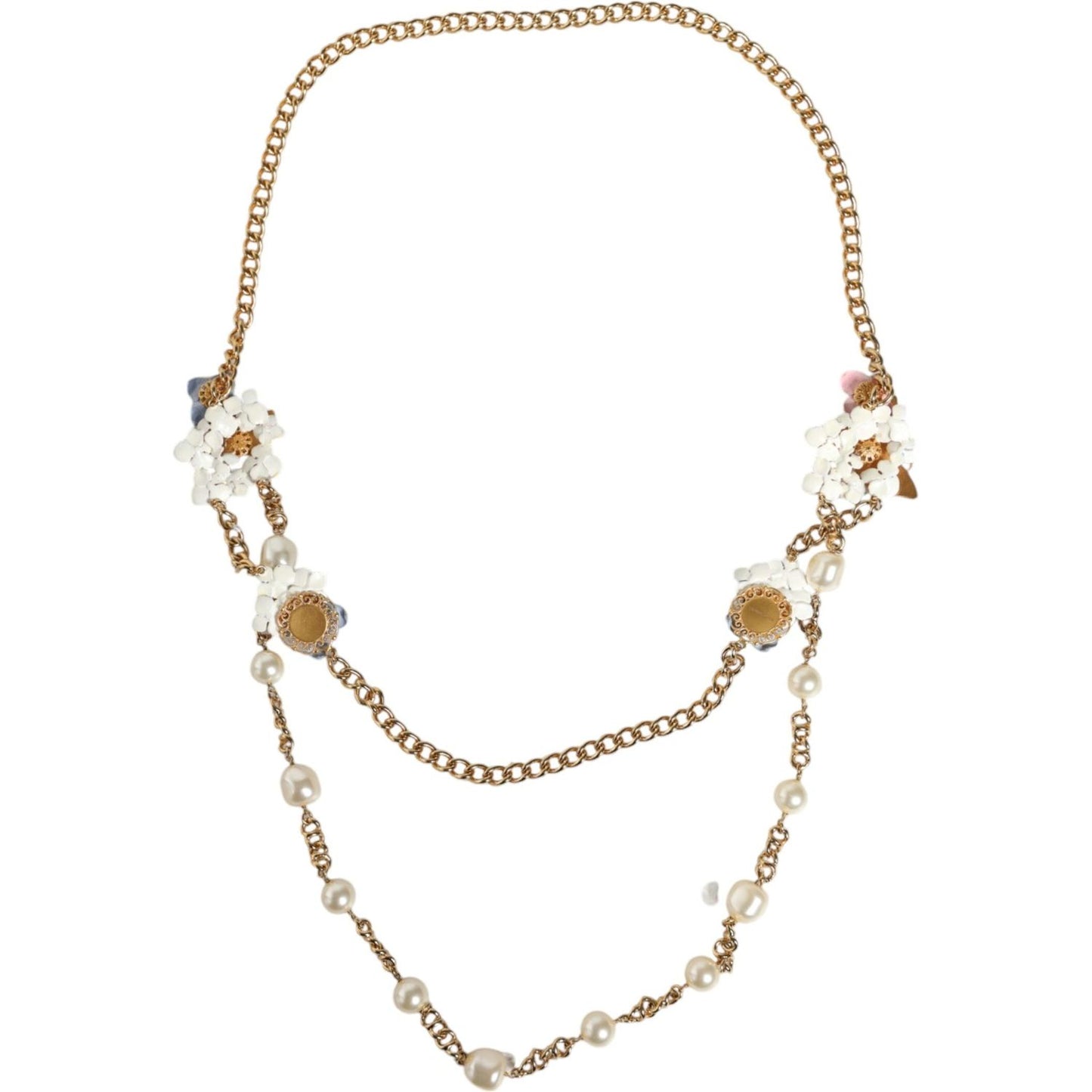 Dolce & Gabbana Gold Chain Brass Floral Layered Crystal Pearl Necklace SMY10355