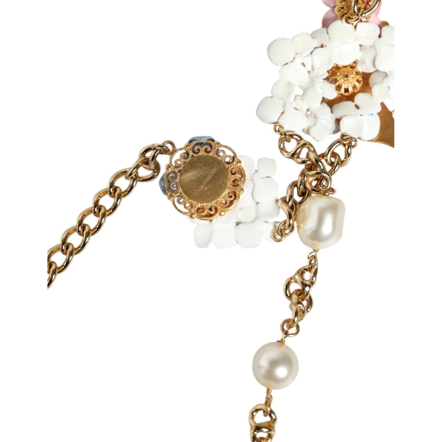 Dolce & Gabbana Gold Chain Brass Floral Layered Crystal Pearl Necklace SMY10355