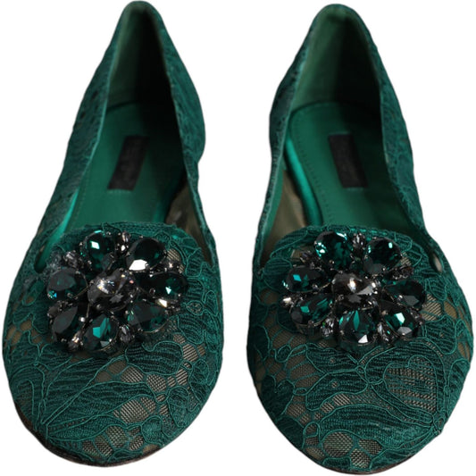 Dolce & Gabbana Green Lace Crystal Ballet Flats Loafers Shoes LA11686-37.5