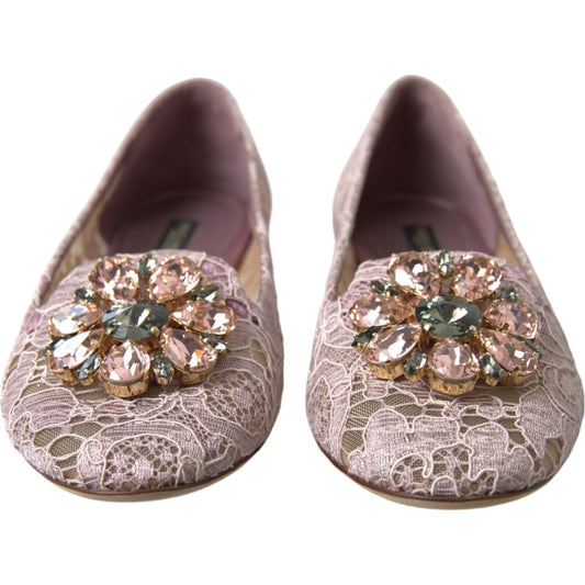 Dolce & Gabbana Pink Lace Crystal Ballet Flats Loafers Shoes LA10311-35.5