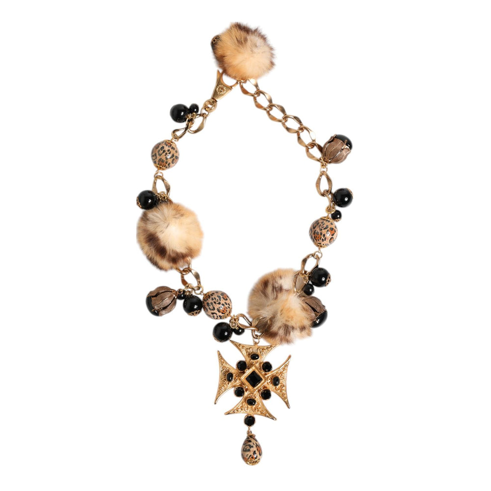 Dolce & Gabbana Gold Black Crystals Lapin Fur Filigree Choker Necklace with Maltese cross and leopard-print enamel.