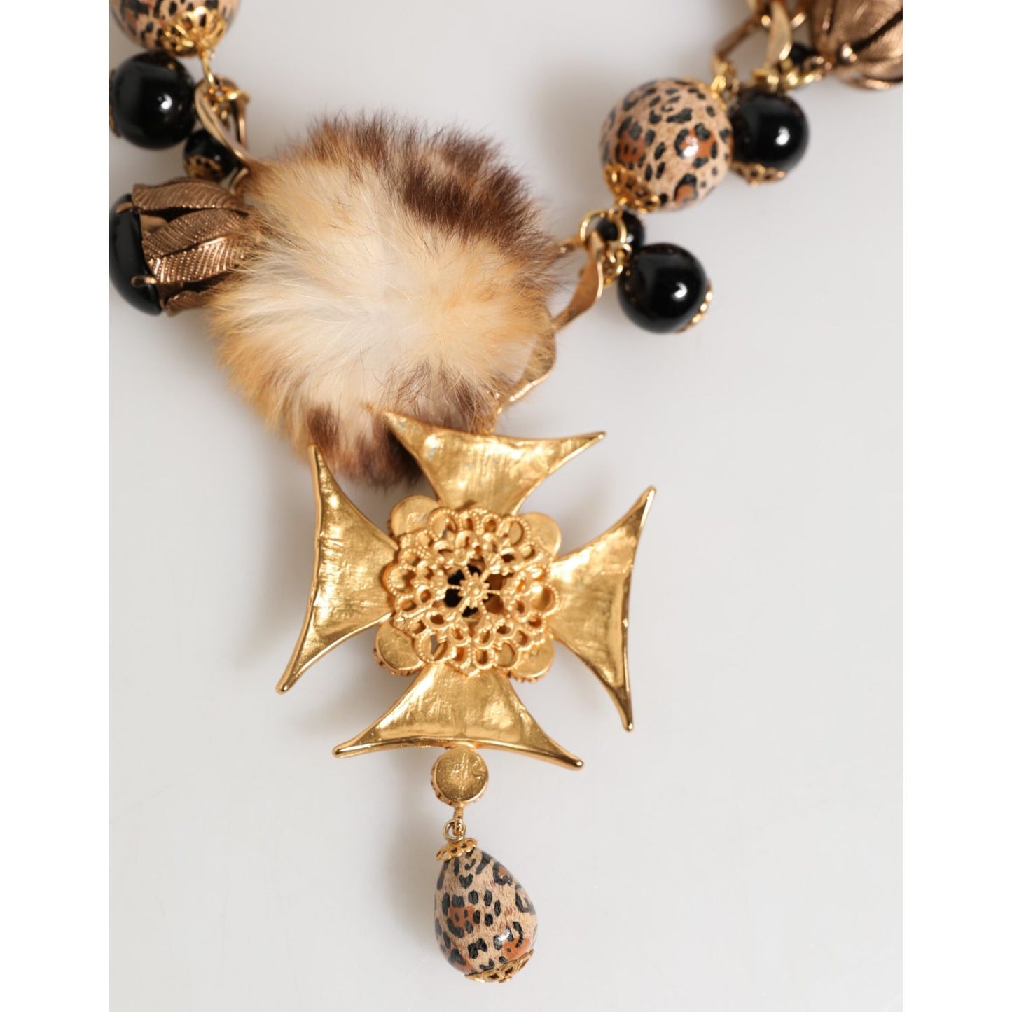 Dolce & Gabbana Gold Black Crystals Lapin Fur Filigree Choker Necklace with leopard-print and Maltese cross pendant.
