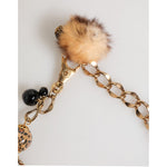 Dolce & Gabbana Gold Black Crystals Lapin Fur Filigree Choker Necklace with leopard-print enamel and fur pom-pom details.