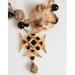 Dolce & Gabbana Gold Black Crystals Lapin Fur Filigree Choker Necklace with Maltese cross pendant and fur accents.