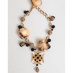 Dolce & Gabbana Gold Black Crystals Lapin Fur Filigree Choker Necklace with Maltese cross pendant and leopard-print enamel detailing.