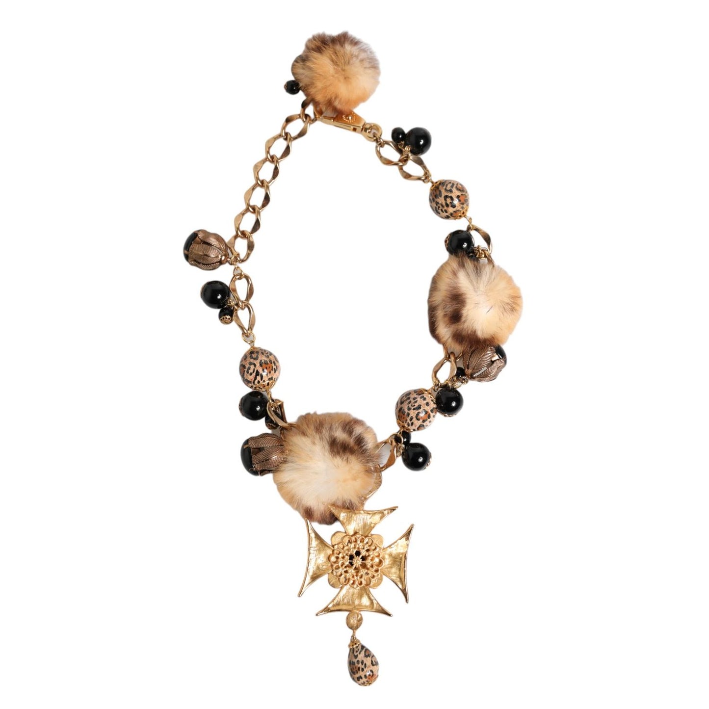 Dolce & Gabbana Gold Black Crystals Lapin Fur Filigree Choker Necklace with Maltese cross and leopard-print details.