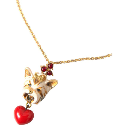 Dolce & Gabbana Gold Brass Chain Dog Heart Pendant Charm Necklace with red crystal accents and dog pendant, fashion statement jewelry.