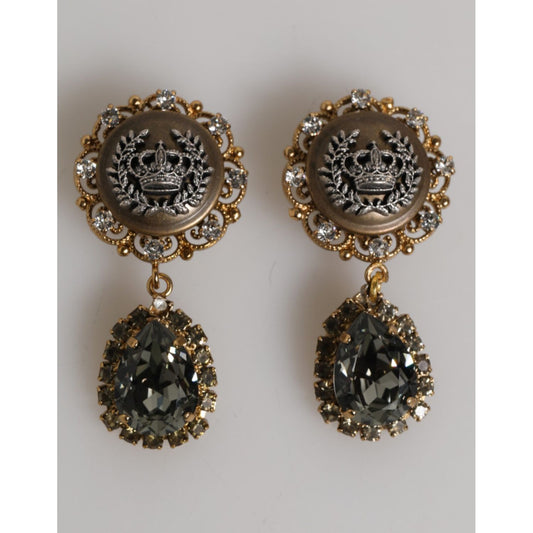 Dolce & Gabbana Gold Brass Crown Medallion Black Crystal Drop Clip On Earrings, ornate design with clear and black crystals